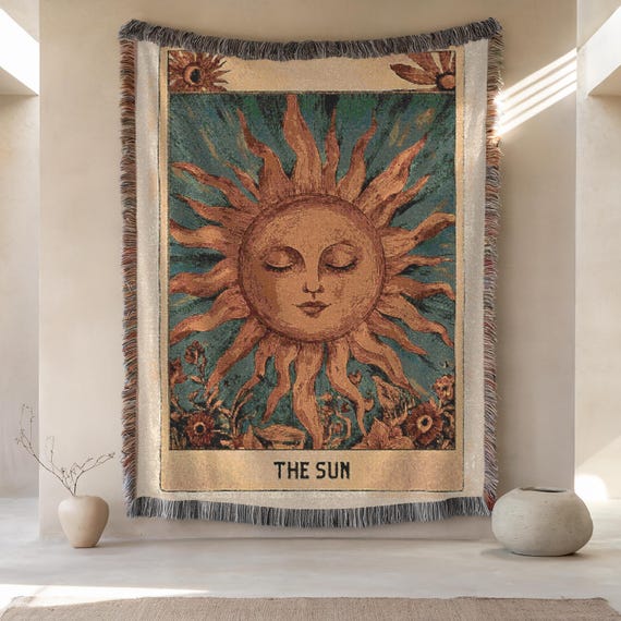 Boho Woven Blanket, Tarot Card The Sun, Mystery Tarot Card Wall Art, Cosy Throw, Picnic Blanket for Tarot Lovers, Outdoor Blanket