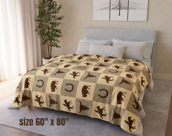 Cowboy Blanket, Bed Cover with Western Pattern, brown and beige, Fleece Sherpa material, 2 sizes