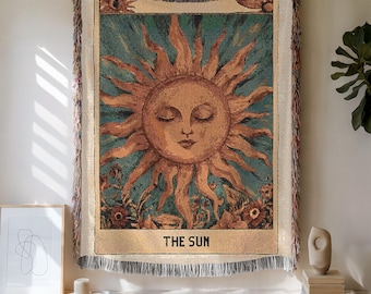 Boho Woven Blanket with Tarot Card Design "The Sun", Cozy Throw with Mystery Tarot Card Elements, Spiritual Picnic Blanket in natural colors