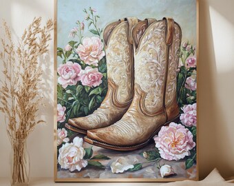 Cowgirl Boots Oil Painting, Western Wall Art, Floral Cowboy Boots, Country Decor