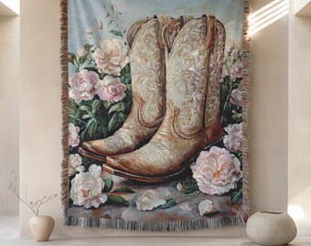 Woven Blanket Cowboy Boots with Floral Decor, Vintage Oil Painting, Cottagecore Decor, 3 sizes