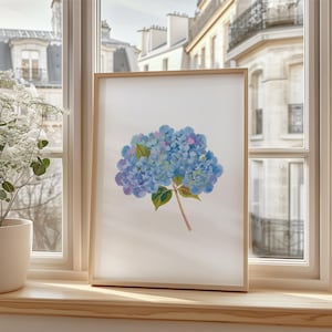 Impressão de arte de hortênsia, arte floral em aquarela, pôster botânico, arte de parede country francesa, arte de parede azul claro, download digital instantâneo