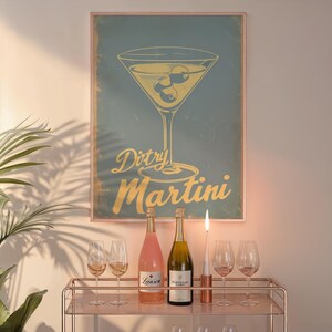 Dirty Martini Mid-Century Print, Martini Wall Art, Jasnoniebieska sztuka ścienna, Vintage Kitchen Print, Natychmiastowe pobieranie cyfrowe