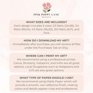 May include: A pink and white graphic with the text "Pink Poppy Lane Designs" at the top. The graphic provides information about the sizes, download, printing, and paper type for digital art prints.