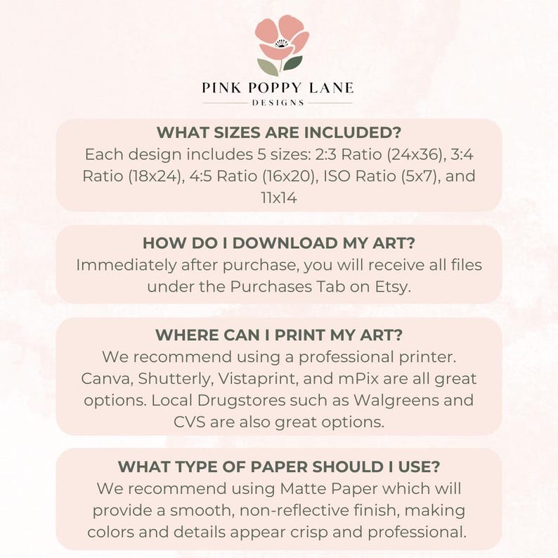 May include: A pink and white graphic with the text "Pink Poppy Lane Designs" at the top. The graphic provides information about the sizes, download, printing, and paper type for digital art prints.