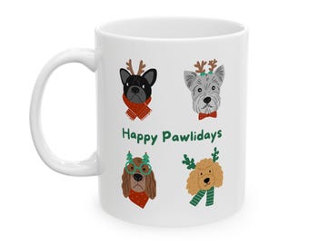 Ceramiczny kubek dla psa Happy Pawlidays, świąteczny ceramiczny kubek, uroczy prezent dla miłośników zwierząt