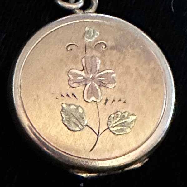 Yellow Gold Filled Antique round Locket with Applied green/rose gold Flowers Leaves