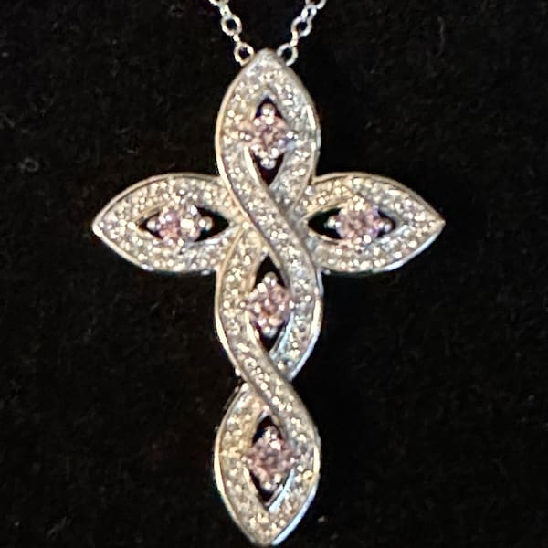 NWOT Belle Luce JTV Pink Clear Cubic Zirconia Dia Sim Cross Pendant Necklace 18"