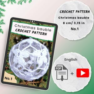 以下が含まれることがあります： 直径8cmの白いクリスマスオーナメントのクロシェパターン。パターンにはPDFダウンロードとビデオチュートリアルが含まれています。