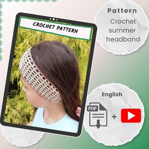 Easy crochet headband pattern PDF, Summer hair accessory, Beginner tutorial with video, Adjustable Tie head wrap DIY