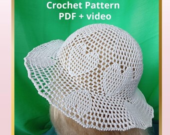 Crochet Girl Hat Pattern: Heart Motif Lace Summer Hat (4-5 Years) (PDF + Video)