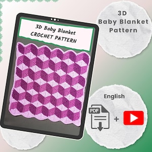 Könnte beinhalten: Ein digitales Tablet zeigt ein Häkelmuster für eine 3D-Babydecke. Die Decke ist rosa und lila mit einem 3D-Würfeldesign. Der Text auf dem Tablet lautet "3D Baby Blanket CROCHET PATTERN". Das Bild enthält auch ein PDF-Symbol und einen Play-Button.