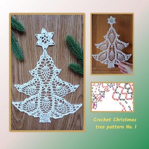 Könnte beinhalten: Weißes Häkelmuster für einen Weihnachtsbaum mit einem Stern oben. Das Muster ist in einer Nahaufnahme abgebildet. Häkelmuster für einen Weihnachtsbaum Nr. 1.