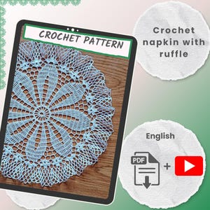 May include: Crochet pattern for a blue napkin with a ruffle. The pattern is available in PDF format and includes a video tutorial. The text "Crochet Pattern" is at the top of the image.