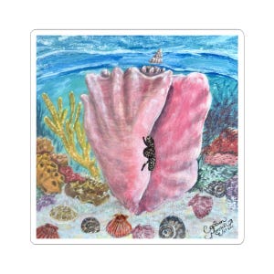 May include: A sticker featuring an underwater scene with a large pink conch shell as the focal point. The shell has a black and green creature attached. The background includes coral, sand, and a glimpse of the ocean with a sailboat.