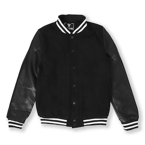 May include: Black varsity jacket with white stripes on the collar, cuffs, and hem. The sleeves are made of faux leather.