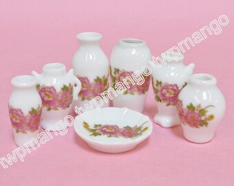 7pcs Dollhouse Miniature Porcelain Vase Set Floral Print N155