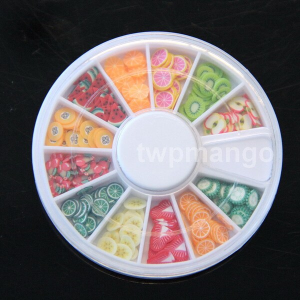 180pcs Polymer Clay Miniature Fruit Slices plus Wheel Container...Nail Art N180