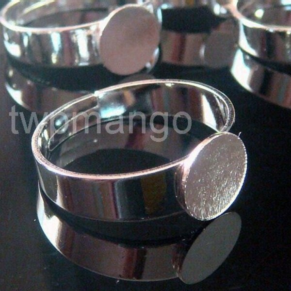 25 Shiny Silver Plated Adjustable Ring Blanks... Glue On Pad...8mm...T8