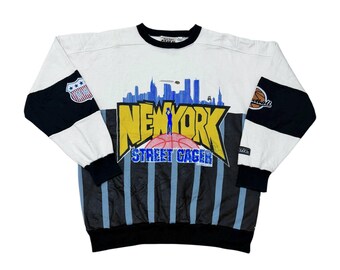 Sudadera vintage de los 90 Sakai Hoop Haven New York Street Cager, talla L, cuello redondo con estampado retro de baloncesto, sudadera urbana poco común