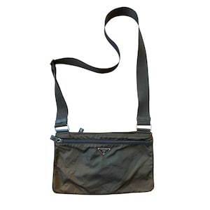 Vintage Prada Olive Green Nylon Sling Bag, Authentic 90s Tessuto Crossbody, Khaki Flat Shoulder Bag with Lampo Zipper, Designer Gift