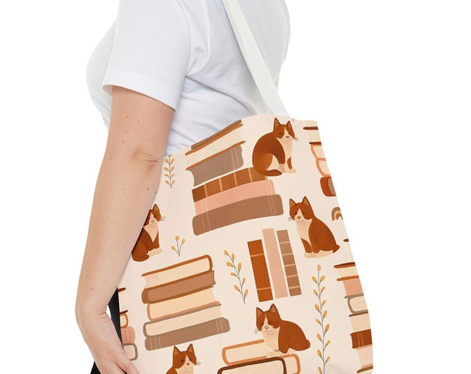 Featured listing image: Cat & Books Tote Bag: Whimsical Polyester Shopping Bag