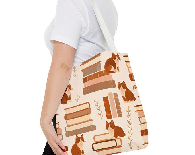 Featured listing image: Cat & Books Tote Bag: Whimsical Polyester Shopping Bag