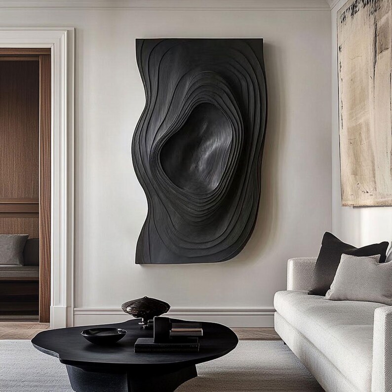 Image showcasing 3D Textured Wood Wall Art: Black Abstract Sculpture, Japandi Decor - Etsy