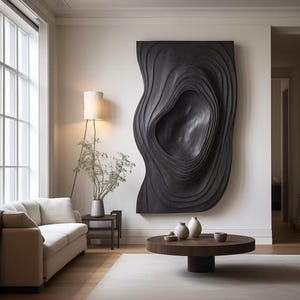 3D Textured Wall Art Panel - Modern Black Abstract Sculpture - Parametric Carved Wood Wall Decor - Japandi Minimalist Art