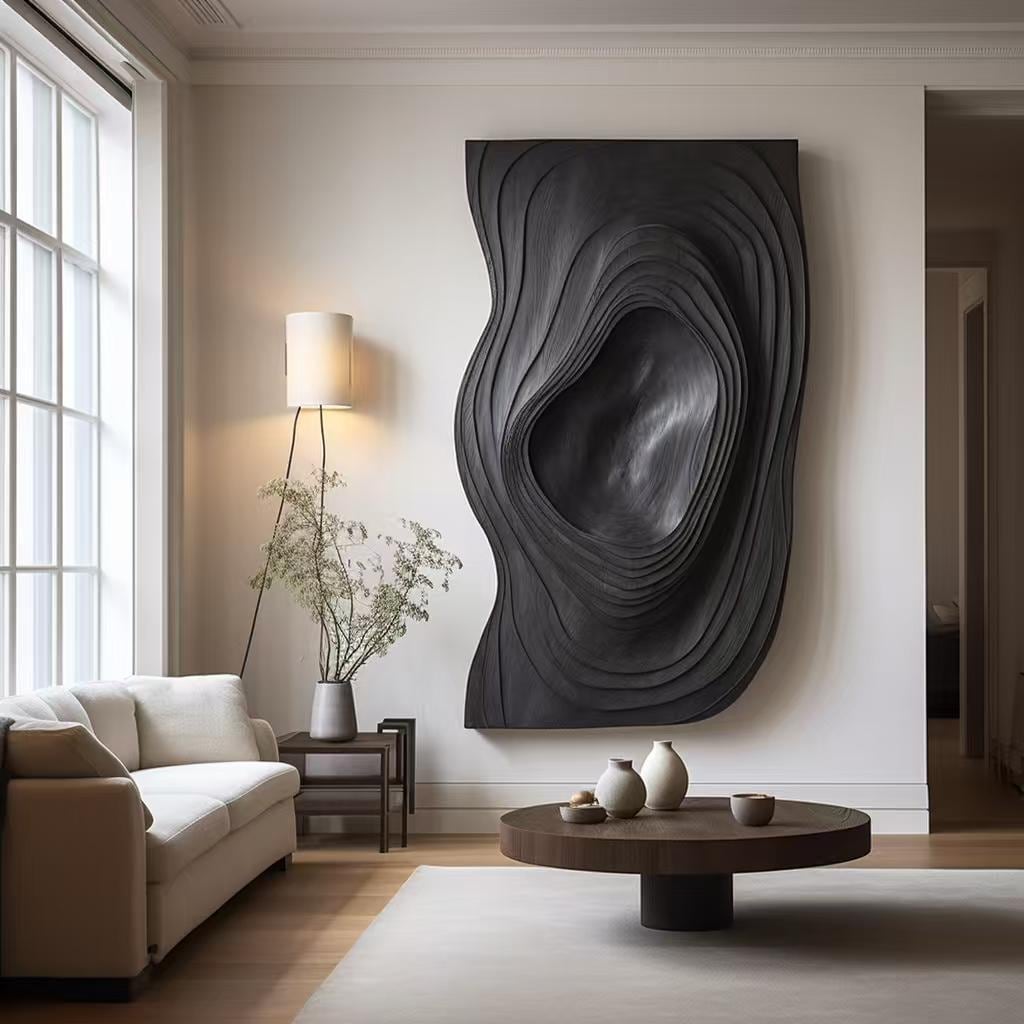 3D Textured Wood Wall Art: Black Abstract Sculpture, Japandi Decor