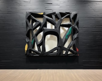 3D Geometric Wood Wall Art: Modern Black Abstract Sculpture