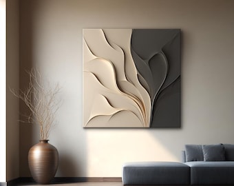 May include: Abstract wall art featuring a two-toned design with flowing, wave-like forms. The artwork is split into two sections, one in cream and the other in dark gray. The piece is mounted on a neutral-toned wall, complementing the room's minimalist decor.