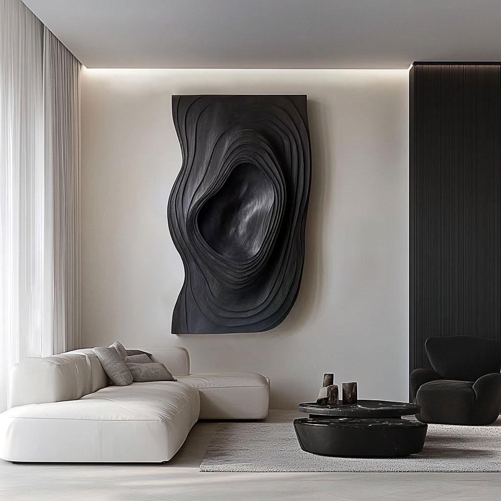 3D Textured Wood Wall Art: Black Abstract Sculpture, Japandi Decor