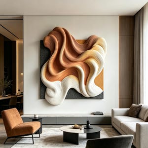 May include: A large wall-mounted art piece featuring three-dimensional, flowing, wave-like forms in shades of terracotta, cream, and white. The sculpture is mounted on a dark gray rectangular base, creating a layered, textured, and organic appearance.