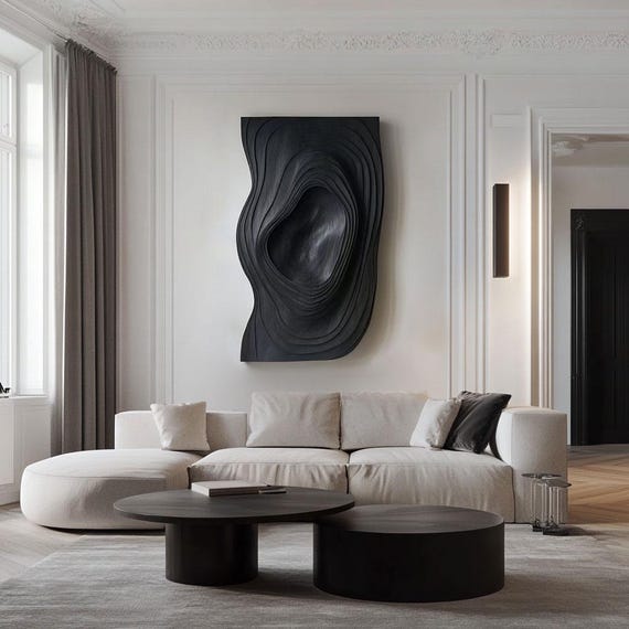 3D Textured Wood Wall Art: Black Abstract Sculpture, Japandi Decor