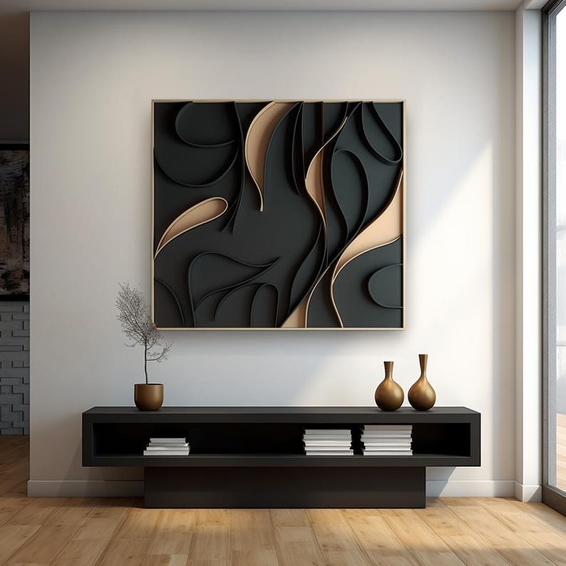 Brown and Black Minimalist Textured Wall Decor, 3D Wood Carving Art ...
