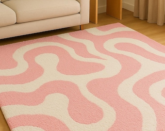 Handmade Pink Wavy Tufted Rug – Modern Abstract Design, Custom Size