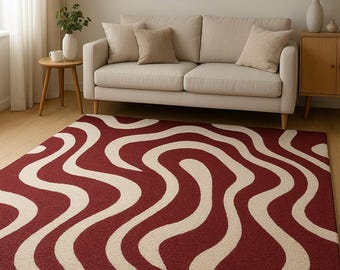 Alfombra abstracta ondulada color burdeos tejida a mano, alfombra decorativa de estilo de mediados de siglo.