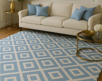 Blue Geometric Hand Tufted Area Rug, Modern Diamond Pattern Floor Accent