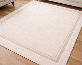 Minimalist Tufted Wool Rug – Neutral Beige Modern Area Carpet, Handmade Floor Rug