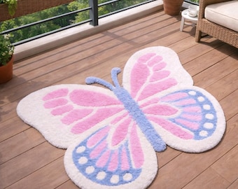 Handmade Wool Butterfly Rug – Pastel Pink & Blue Kids Carpet