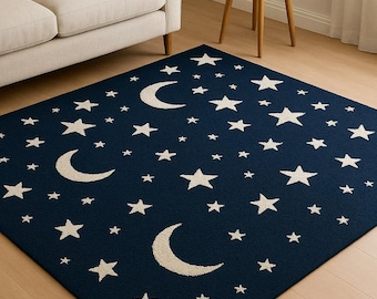 Moon and Stars Area Tufted Rug – Navy Celestial Carpet – Kids Bedroom Decor