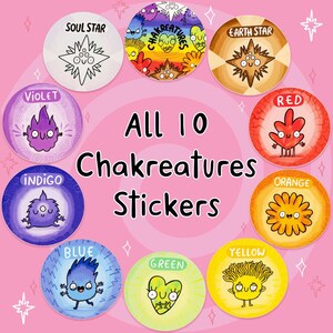 Alle 10 chakra-stickers - geluksbezweerders - illustratie door Katie Abey - chakra's - regenboogkristallen - spiritueel - holistisch cadeau