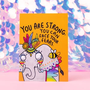 Face Your Fears Postcard - Happiness Enchanters - Illustration by Katie Abey - Elephant - Self Love - Orange Print - Self Love - Self Care
