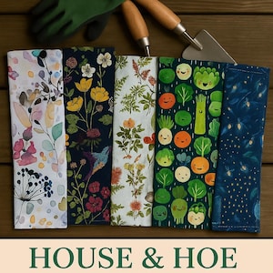 May include: A collection of colorful sleeve savers with floral and vegetable patterns. The text reads "HOUSE & HOE SLEEVE SAVERS" and "Practical charm for busy arms." Gardening gloves and tools are also visible.