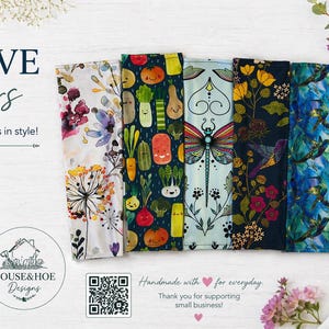 May include: Seven fabric sleeve protectors arranged in a row, each featuring distinct patterns including floral, vegetable, dragonfly, and bird motifs. The image includes text reading SLEEVE Savers, Protect your sleeves in style, and House & Hoe Designs.