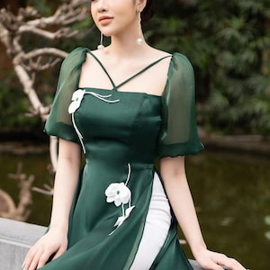 Dark green modern ao dai for women, ao dai Vietnam, plus size ao dai, bridesmaid ao dai,