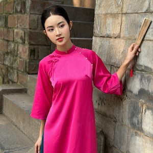 Lotus pink loose ao dai for women, ao dai Vietnam, ao dai suong, ao dai plus size, bridesmaid ao dai