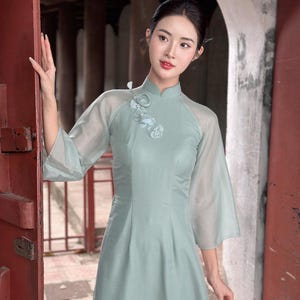 Light Green Ao Dai with 3D Flowers with Pants | Modern Vietnamese Dress for Women |Ao Dai For Wedding, Engagement, or Special Occasion Wear