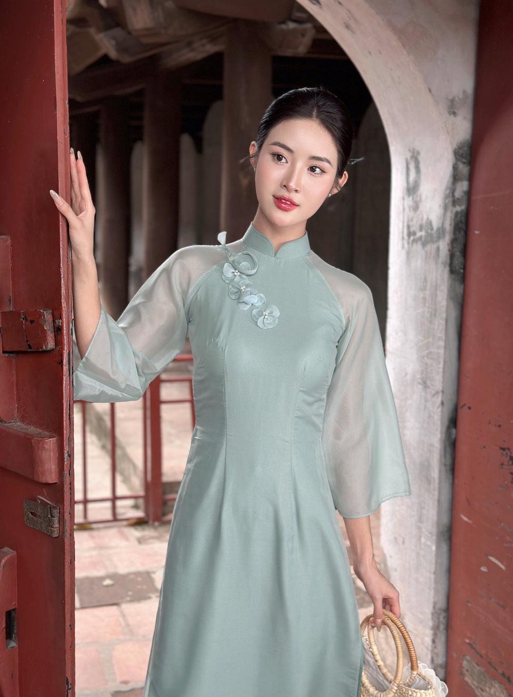 Ao Dai verde claro: vestido vietnamita con estampado floral 3D y pantalones